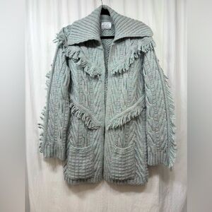 Hayle Menzies  Cozy Fringe Detail Cable Knit Cardigan Sweater - Light Mint